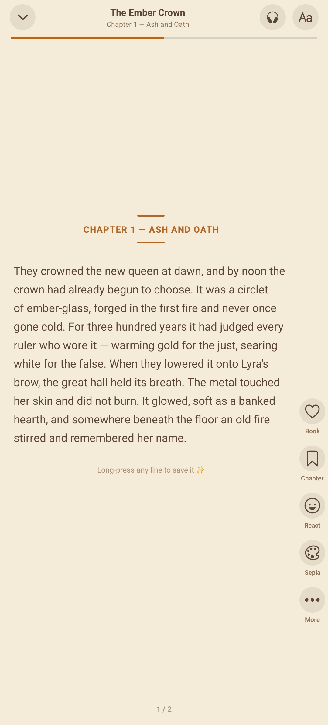 Booktok clone reader screen with sepia theme, font controls, and highlight to save