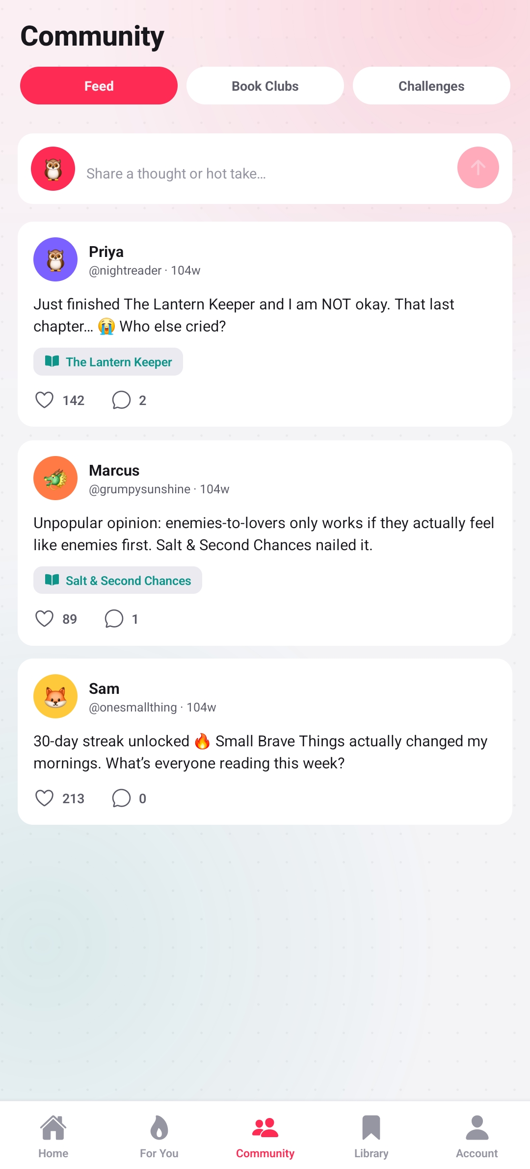 Booktok clone community feed with posts, replies, and likes