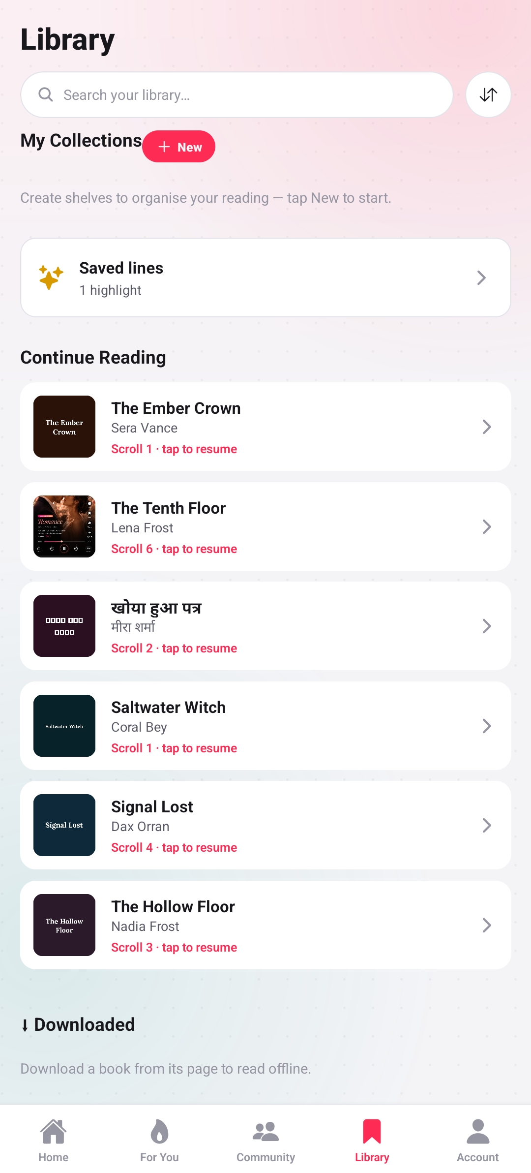 Booktok clone library with collections, continue reading, and offline downloads